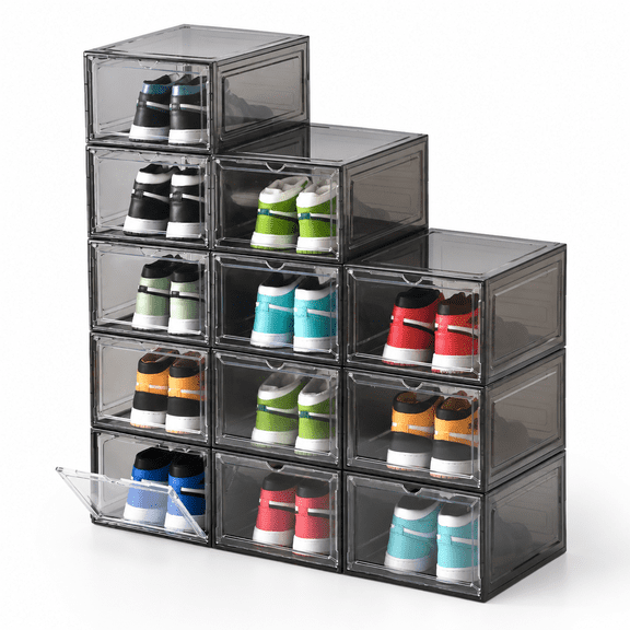 Plastic Stackable Drop Front Shoe Storage Boxes Fit Up To Size 12, 17.56 x 13.54 x 7.83 in