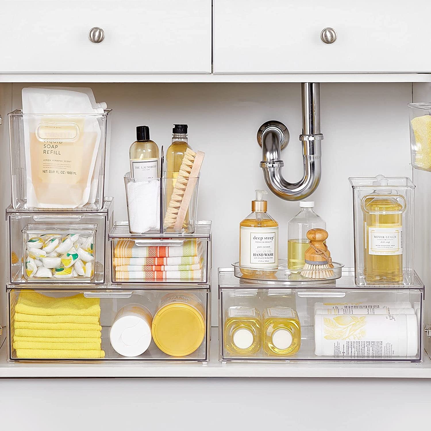 Plastic Stackable Kitchen Storage Organizer Bin Containers with Front Pull Drawer for Cabinet, Pantry, Fridge, Freezer, Shelf, Refrigerator Organization - Lumiere Collection - Clear