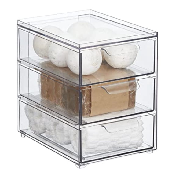 Plastic Stackable Organizer with 3 Drawers - Pull-Out Drawer Storage Bin for Bathroom Sink/Cabinet Organization - Perfect for Makeup Small Towels and More - Lumiere Collection Clear