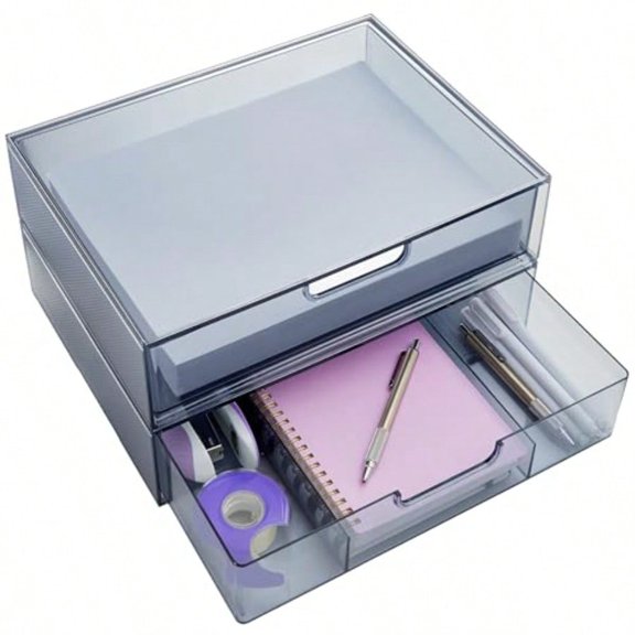 Plastic Stackable Organizer Drawers Set of 2 Classic Grey 12.5" Wide Set Includes One Open Drawer and One Divided Drawer Organize Office Desk Accessories and Sort Paper Made in USA