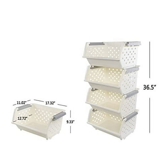 Plastic Stackable Storage Basket, Open Front Stacking Storage Bins, 4 Pack