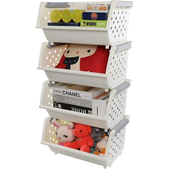 Plastic Stackable Storage Basket, Open Front Stacking Storage Bins, 4 Pack