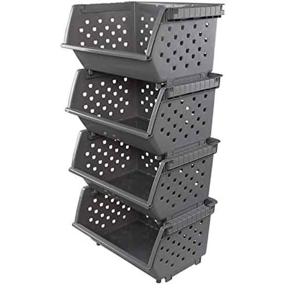 Plastic Stackable Storage Baskets, 4 Tier Stacking Bins for Food and Clothes, Multifunctional Organizer for RV, Kitchen, Playroom, Pantry and Bathroom, 4 Pack, Grey$$Home Decor, Kitchen, & Other