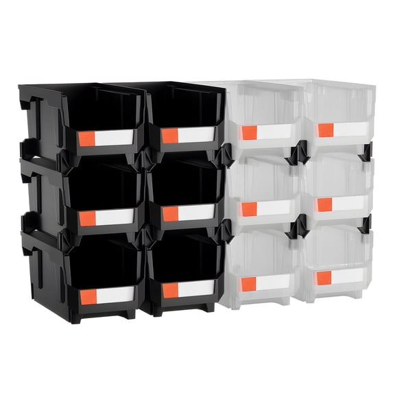 Plastic Stackable Storage Boxes 12 Pack 14.8x8.5x7.1 Inches Black Clear Organizer for Garage Office Supplies Parts