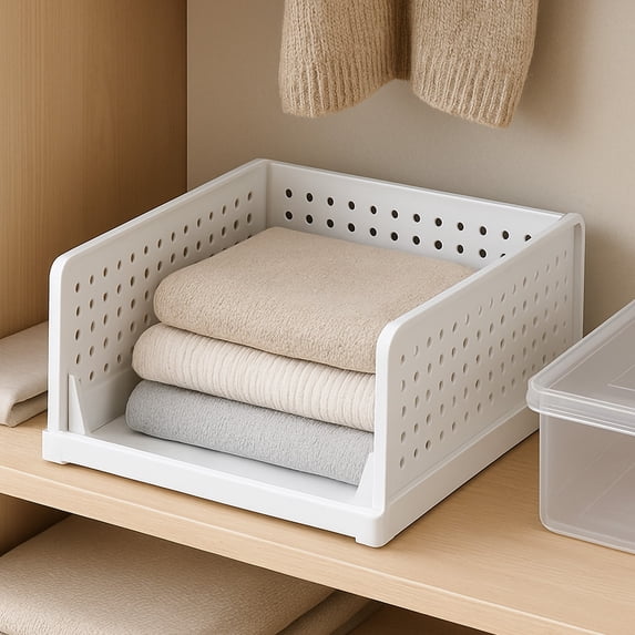Plastic Stackable Storage Bins - 13x16.9x7.5 Inches Foldable Wardrobe Organizer with Slide Tracks, Waterproof Space-Saving Hat Storage Drawer for Cupboard-Closet