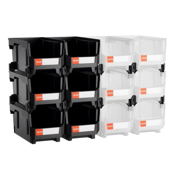 Plastic Stackable Storage Bins, 14.8 x 8.5 x 7.1 Inches (12-Pack), Black & Clear Modular Containers for Organizing Garage, Office Supplies, Small Parts, and Home Accessories