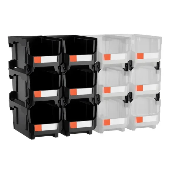 Plastic Stackable Storage Bins, 14.8 x 8.5 x 7.1 inch (12 Pack), Plastic Containers for Organizing & Storage Bins for Garage, Small Parts, Office Supplies, Other Accessories, Black & Transparent
