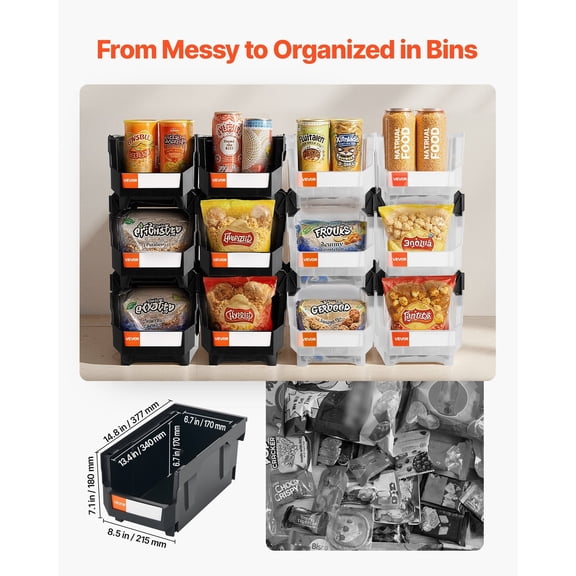 Plastic Stackable Storage Bins,14.8x8.5x7.1"(12 Pack),Plastic Containers for Organizing&Storage Bins for Garage,Small Parts,Office Supplies,Other Accessories,Black&Transparent