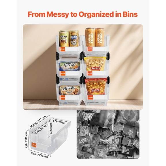 Plastic Stackable Storage Bins,14.8x8.5x7.1"(6 Pack),Plastic Containers for Organizing&Storage Bins for Closet,Garage,Small Parts,Office Supplies,Other Accessories,Transparent