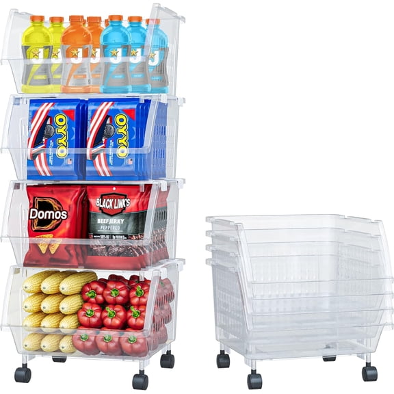 Plastic Stackable Storage Bins Clear 4 Pack Large Open Front for Toys Pantry Kitchen Bathroom