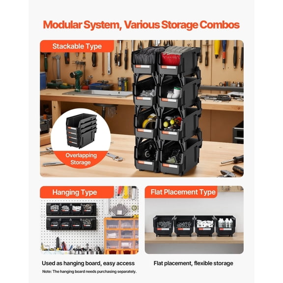 Plastic Stackable Storage Bins with Durable Design, 10.9 x 5.5 x 5.1 Inches, 8-Pack Black Organizing Containers for Closet, Garage, Office Supplies, Small Parts & Home Organization