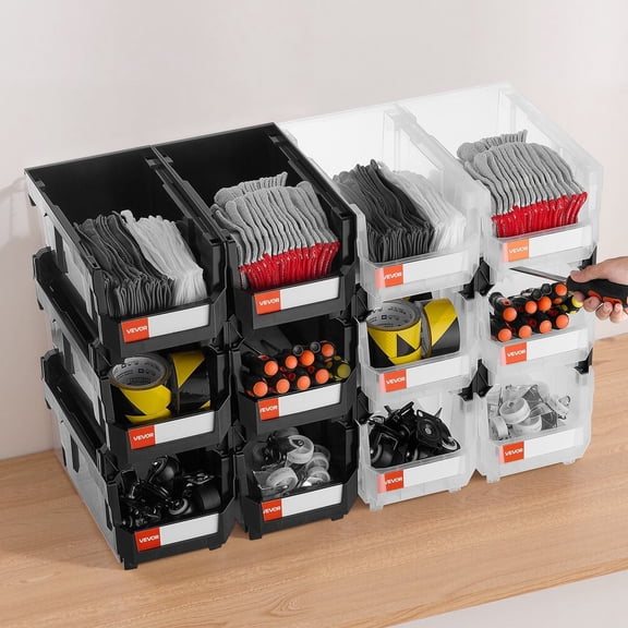 Plastic Stackable Storage Bins with Lids, 12-Pack, 14.8x8.5x7.1 Inch, Black and Clear Organizing Containers for Garage, Closet, Office, Craft Supplies
