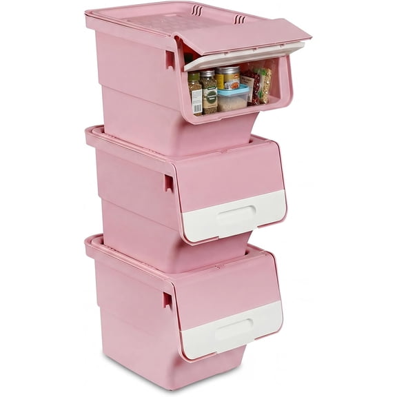 Plastic Stackable Storage Bins with Lids & Wheels, 3 Pack Open Front Stacking Bins, Organizer Bins for Pantry, Kitchen, Laundry, Closet, Playroom, Bedroom Organization (12.5 QT)