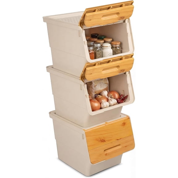 Plastic Stackable Storage Bins with Lids & Wheels, 3 Pack Open Front Stacking Bins, Organizer Bins for Pantry, Kitchen, Laundry, Closet, Playroom, Bedroom Organization (12.5 QT)