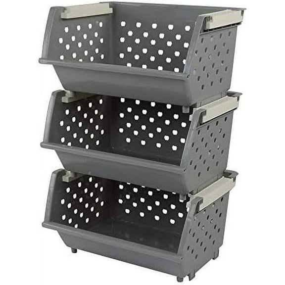 Plastic Stackable Storage Bins, Multi-functional Stacking Basket, Grey, Pack of 3$$Home Decor, Kitchen, & Other