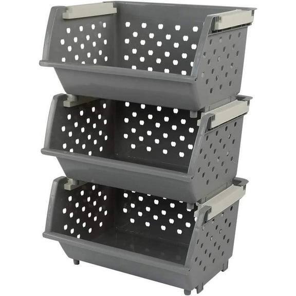 Plastic Stackable Storage Bins, Multi-functional Stacking Basket, Grey, Pack of 3