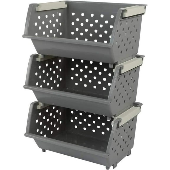 Plastic Stackable Storage Bins, Multi-functional Stacking Basket, Grey, Pack of 3
