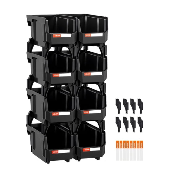 Plastic Stackable Storage Bins with Secure Latch, 10.9 x 5.5 x 5.1 Inches (8-Pack), Multi-Purpose Organizer Containers for Closet, Garage, Office Supplies, Small Parts & Home Organization, Black