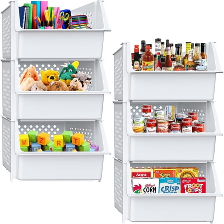 Plastic Stackable Storage Bins for Pantry - 6 Pack White Stackable Bins For Organizing Food, Kitchen, and Bathroom Essentials (White)