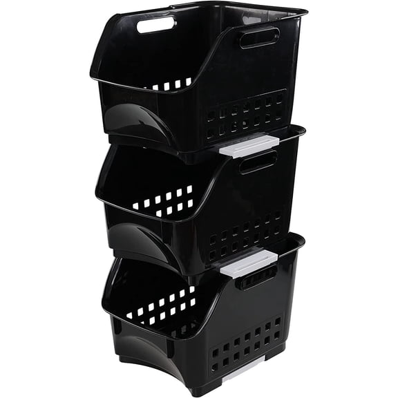 Plastic Stacking Bins, Stackable Storage Basket Trays, Black, Set of 3