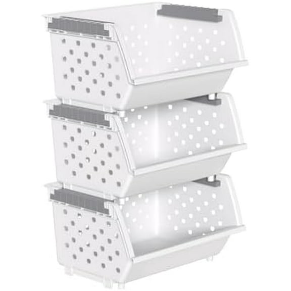 Plastic Stacking Bins, Stackable Storage Basket, White, Set of 3$$Home Decor, Kitchen, & Other