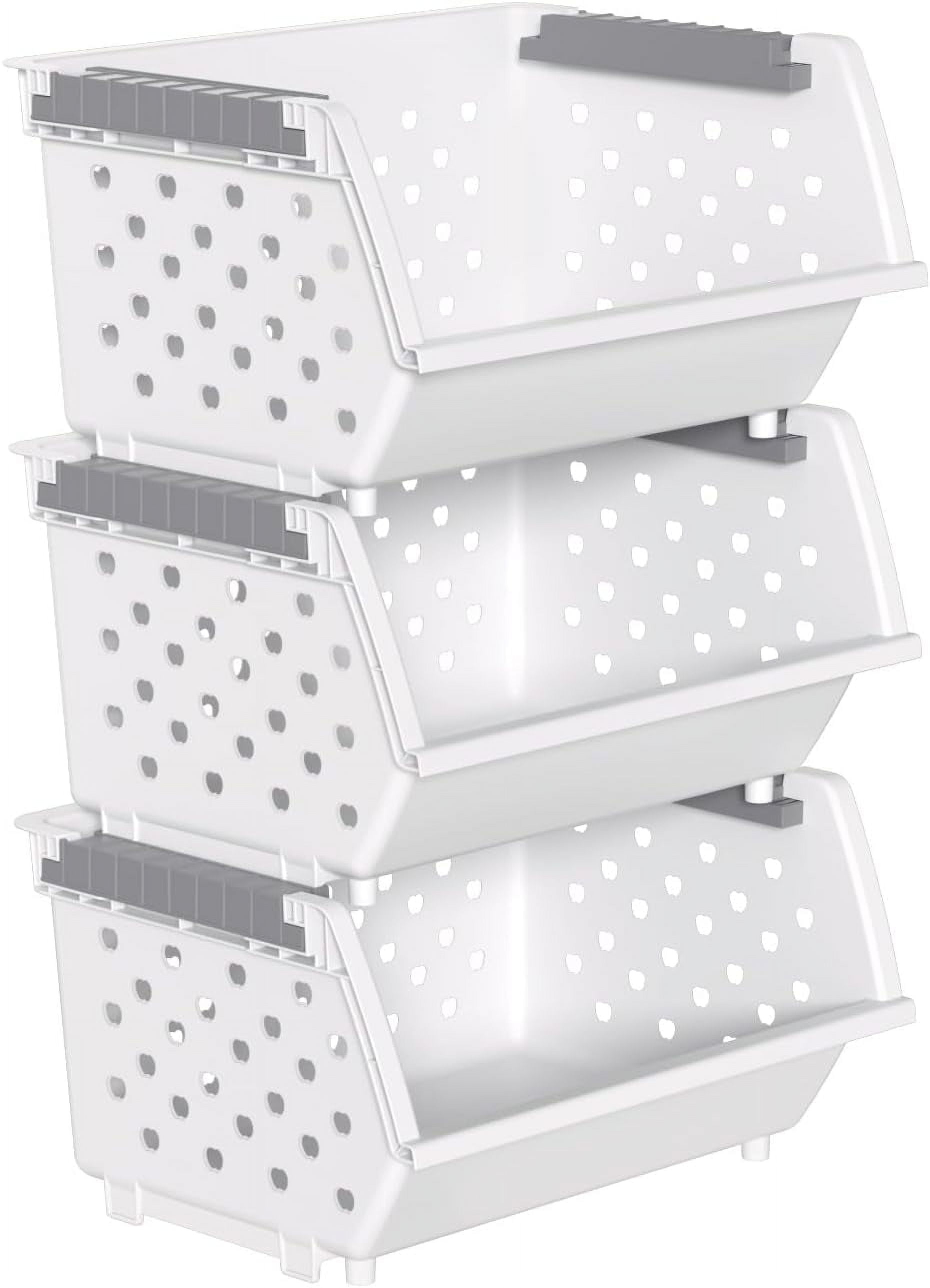 Plastic Stacking Bins, Stackable Storage Basket, White, Set of 3 ...