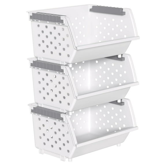 Stackable Storage Bins - Plastic Baskets Set of 3, White - 17.3" x 13.3" x 9" - Durable Home Organization & Storage Containers