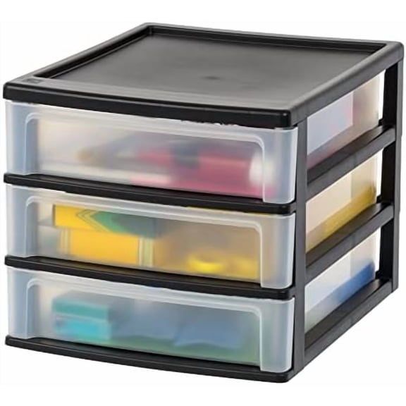 Plastic Stacking Desk Top 3-Drawer Storage Organizer, 1-Pack, for Makeup Vanity Nail Polish Bathroom Stationery Art Craft Supplies Kitchen Office Garage and Small Organization, Medium, Black