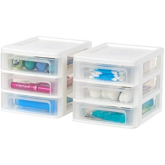 Plastic Stacking Desk Top 3-Drawer Storage Organizer, 2-Pack, for Makep Vanity Nail Polish Bathroom Stationery Art Craft Supplies Kitchen Office Garage and Small Organization, Small, White