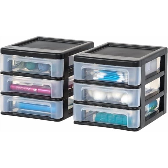 Plastic Stacking Desk Top 3-Drawer Storage Organizer, 2-Pack, for Makeup Vanity Nail Polish Bathroom Stationery Art Craft Supplies Kitchen Office Garage and Organization, Small, Black