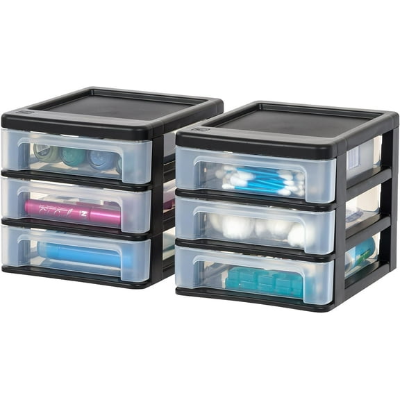 Plastic Stacking Desk Top 3-Drawer Storage Organizer, 2-Pack, for Makeup Vanity Nail Polish Bathroom Stationery Art Craft Supplies Kitchen Office Garage and Small Organization, Small, Black