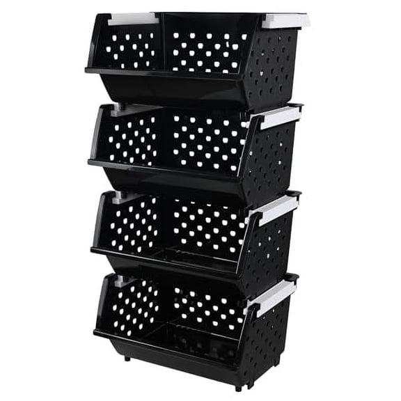 Plastic Stacking Storage Basket 4 Packs, Stackable Organizer Baskets Bin, Black