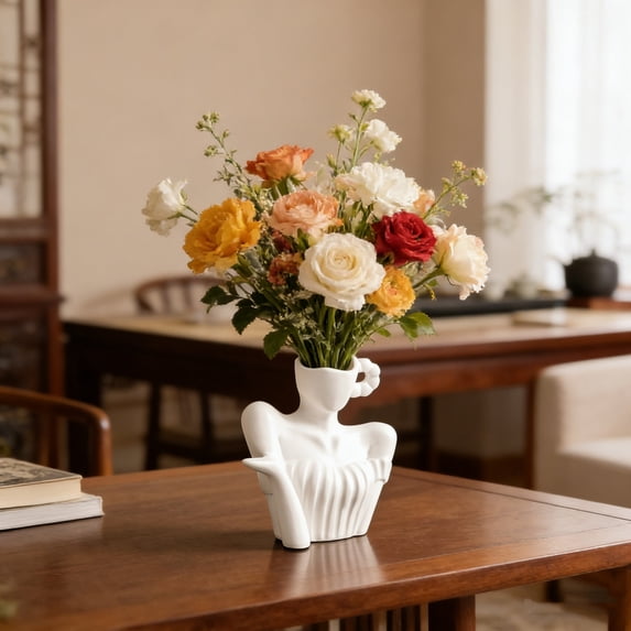 Plastic Statue Flower Vase,Modern Artistic Human Shape Decor Flower Vase,Small White Vase for Table,Shelf,Living Room,Office,Bedroom,6.3x3.74 Inch