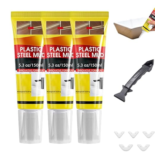 Plastic Steel Mud Waterproof Sealant, Multifunctional Waterproof White Caulk with Scraper, Plastic Steel Repair Adhesive for Kitchen Bathroom, Quick-Drying