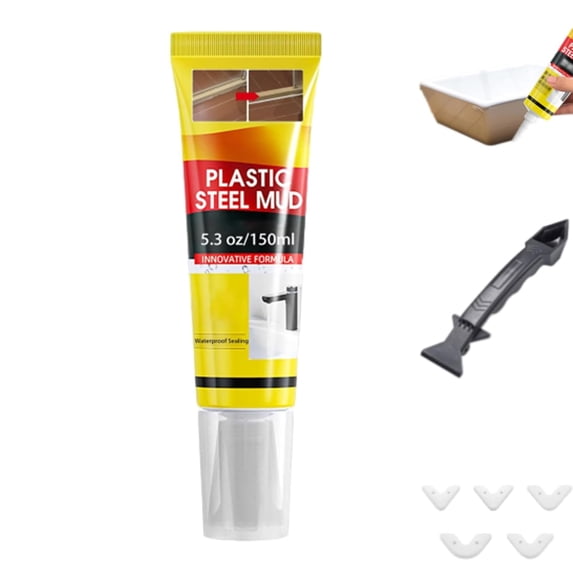 Plastic Steel Mud Waterproof Sealant, Multifunctional Waterproof White Caulk with Scraper, Plastic Steel Repair Adhesive for Kitchen Bathroom, Quick-Drying