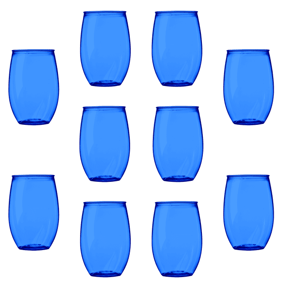 Plastic Stemless Wine Glasses 16 oz. Set of 10, Bulk Pack - BPA Free, Great for Outdoor Lounges, Poolside, Parties and Other Events - Blue