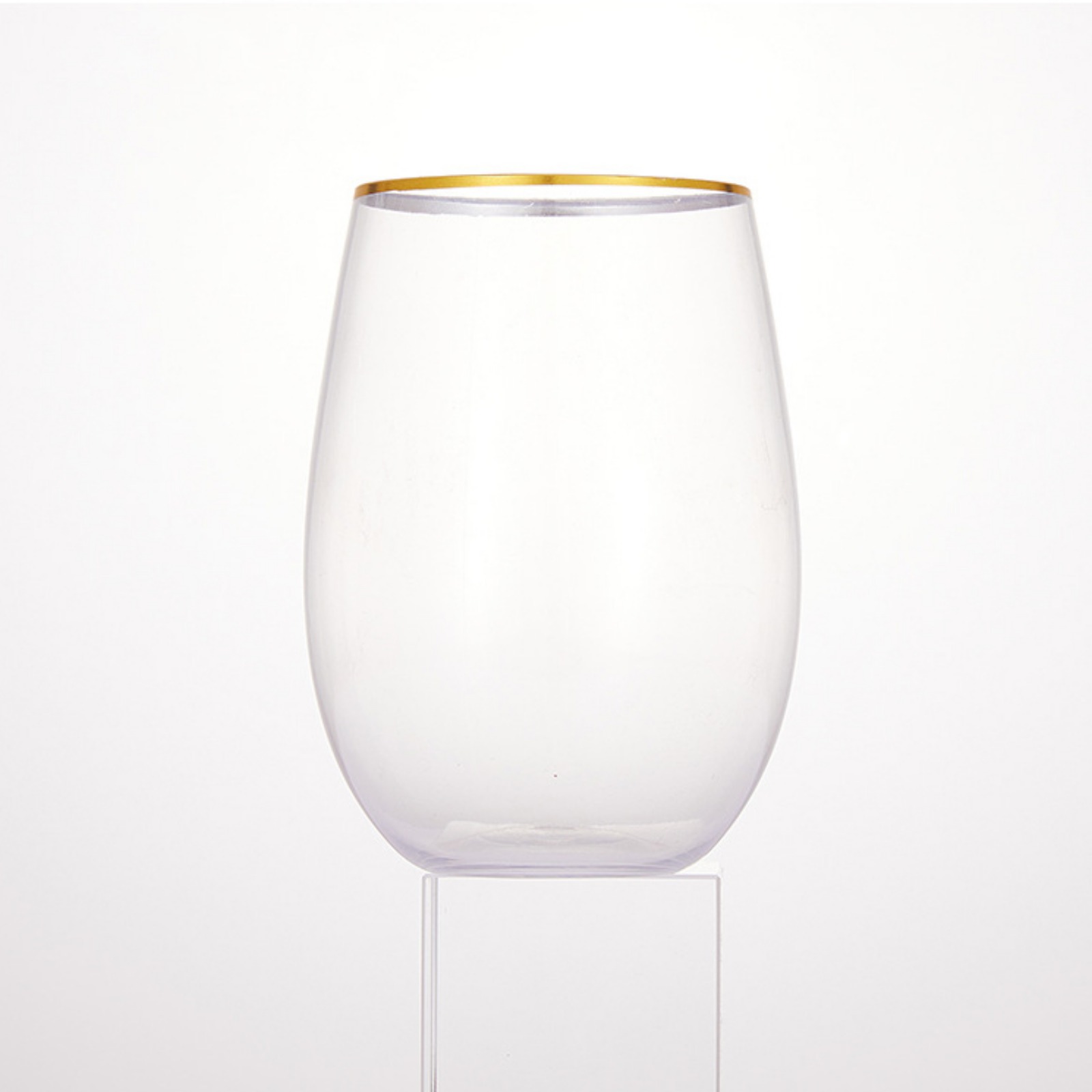 Plastic Stemless Wine Glasses with Gold Rim, Clear Wine Cups