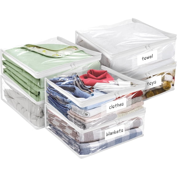 Plastic Storage Bags with Easy-Glide Zipper, Pack of 6, Durable Clear Vinyl Zippered for Clothes Sweaters Comforters Blankets Sheets Bedding (15.7 x 13.8 3.9 Inch, White)