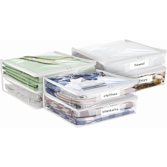 Plastic Storage Bags with Easy-Glide Zipper, Pack of 6, Durable Clear Vinyl Zippered Storage Bags for Clothes Sweaters Comforters Blankets Sheets Bedding (10.5 x 10.5 x 2.5 Inch, Transparent White)