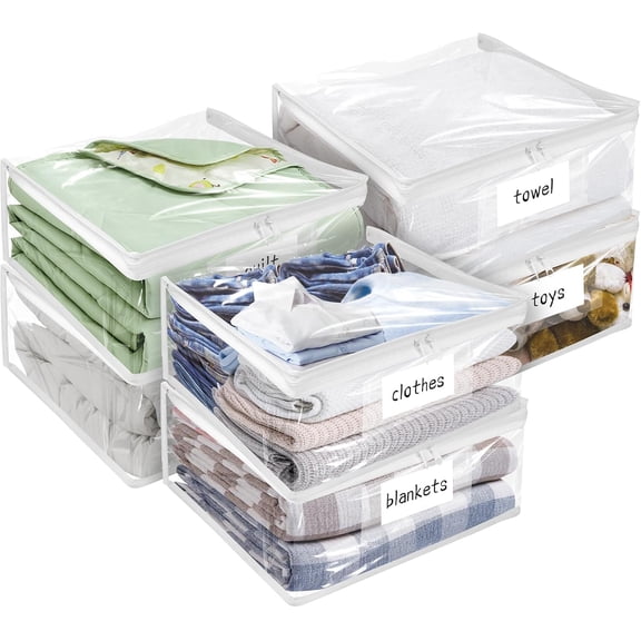 Plastic Storage Bags with Easy-Glide Zipper, Pack of 6, Durable Clear Vinyl Zippered Storage Bags for Clothes Sweaters Comforters Blankets Sheets Bedding (12 x 12 x 3.9 Inch, Transparent White)