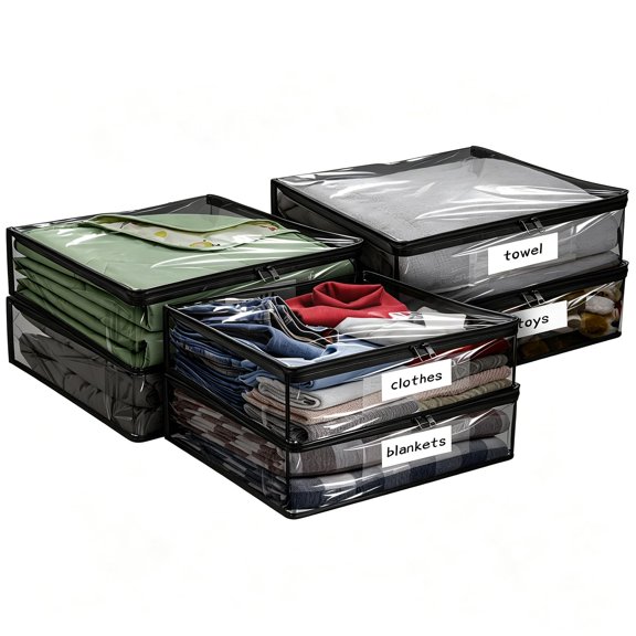 Plastic Storage Bags with Easy-Glide Zipper, Pack of 6, Durable Clear Vinyl Zippered Storage Bags for Clothes Sweaters Comforters Blankets Sheets Bedding (15.7 x 13.8 x 3.9 Inch, Black)