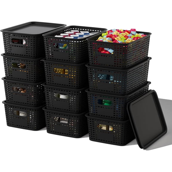 Plastic Storage Basket with Lids 12 Pack Stackable Black Storage Bins Containers with Lid, Decorative Storage Boxes for Organizing Shelves, Drawers, Playroom, Classroom, Office, Closet