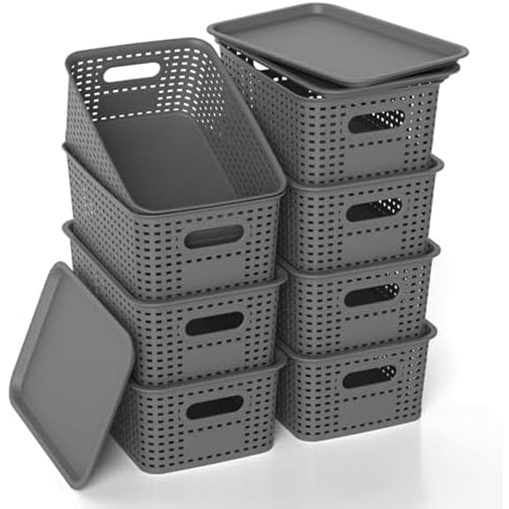 Plastic Storage Basket with Lids, Stackable Small Box Bins for Organizing and Containers for Shelves Drawers Desktop Closet Playroom Pantry Classroom Office Home, 8 Pack 10.2x7.2x4.1 Inch, Gray