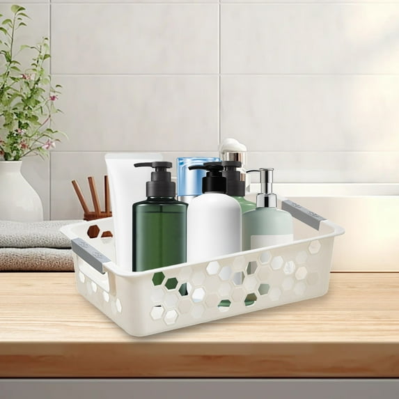 Plastic Storage Basket Organizer | Stackable Ventilated Bin with Handles | Multipurpose Desktop, Closet, Laundry, Kitchen, Bathroom Storage | Beige | 27.5x17.5x14.5cm or 29x14x12.3cm or