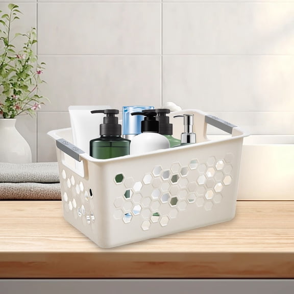 Plastic Storage Basket Organizer | Stackable Ventilated Bin with Handles | Multipurpose Desktop, Closet, Laundry, Kitchen, Bathroom Storage | Beige | 27.5x17.5x14.5cm or 29x14x12.3cm or