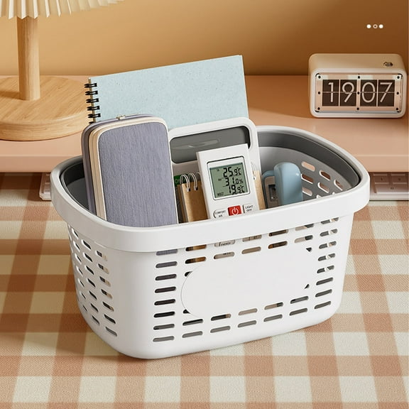 Plastic Storage Basket with Handles, 10x7x5 Inches Rectangular Home Organizer, White or Gray Desktop Cabinet Bathroom Organizer, 1-Pack