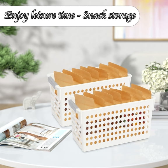 Plastic Storage Baskets 4 Pack Narrow Organizing Bins White With Handles for Kitchen Cabinet Desk Garage