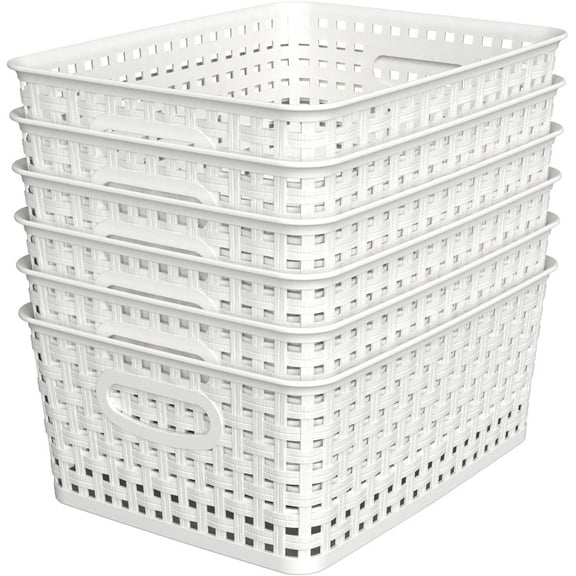 Woven Plastic Storage Baskets, 6 Pack White Weave Bins Organizer, 10.1" x 7.55" x 4.1"