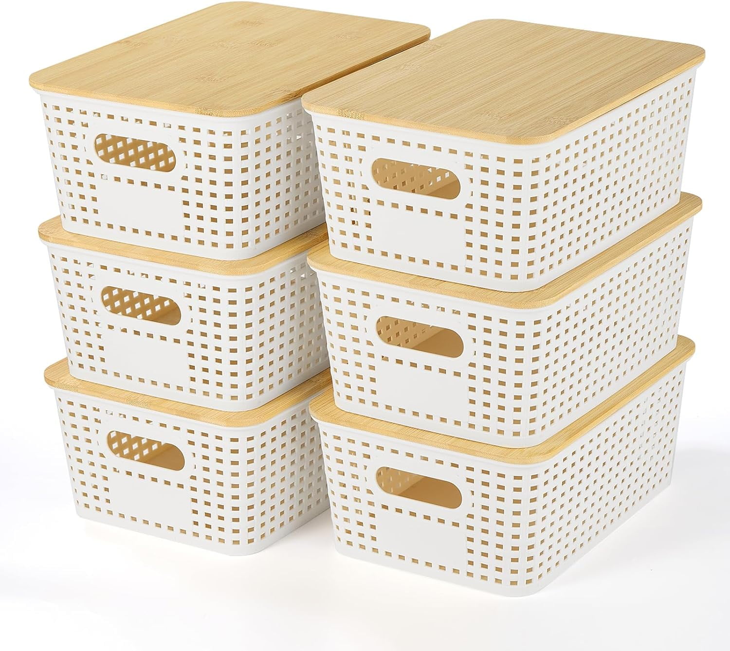 White Plastic Storage Baskets with Bamboo Lid, Stackable, 6 Pack