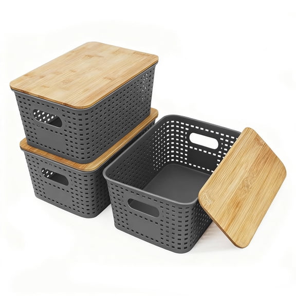 Plastic Storage Baskets with Bamboo Lid Storage Containers with Handle Stackable Storage Bins: Storage Baskets for Organizing Shelves Drawers Desktop Closet Playroom Office, 3 Pack, Gray
